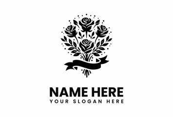 Stylized Rose Bouquet with Ribbon Banner Black Silhouette Floral Design Element.