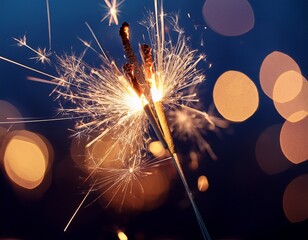 close up of sparklers ignited in the dark emitting bright sparks and bokeh light effects against a blurred blue background