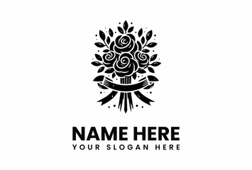 Stylized Rose Bouquet with Ribbon Leaves and Decorative Dots in Black Silhouette.