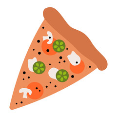 Pizza slice. Cartoon italian fast food with cheese tomatoes and spices, delicious pizza with fresh ingredients for restaurant menu, unhealthy takeout street food. Vector flat illustration
