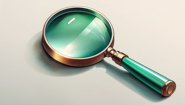 magnifying glass featuring a green handle casting a shadow against a white background emphasizing the act of searching and magnifying details in an isometric view