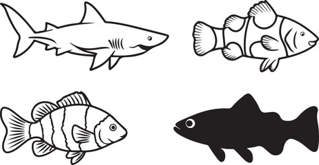Naklejka premium Diverse Fish Illustrations Including Shark and Clownfish Designs