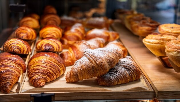 french pastries arranged in a bakery