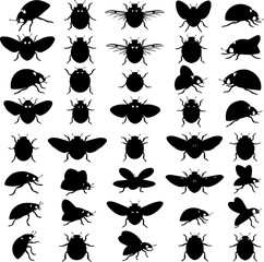 A collection of various beetle silhouettes in different poses, showcasing diverse wing positions and body shapes against a white background.