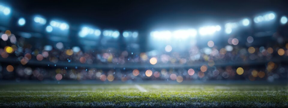 a soccer stadium at night, with fans in the stands, a grass field, and bokeh lights
