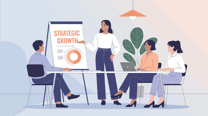 Naklejka premium Business team presentation with flip chart on strategic growth — corporate planning, teamwork, modern office, diagram and discussion