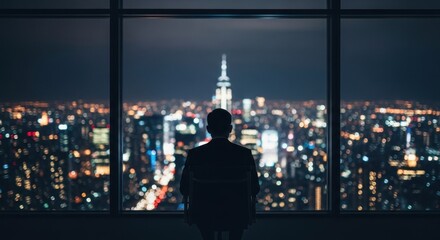 Silhouette of a businessman gazing at the illuminated cityscape through a large window at night