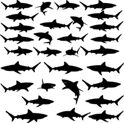 A collection of shark silhouettes in various poses, swimming and jumping, arranged in a grid-like pattern against a white background.