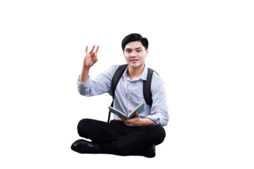 Knowledge Seeker's Pose: A young student sits with a backpack, book in hand, signaling okay or excellent, ready for the next lesson, highlighting his readiness for learning.
