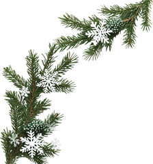 Obraz premium Evergreen branch with snowflakes and pinecones needles