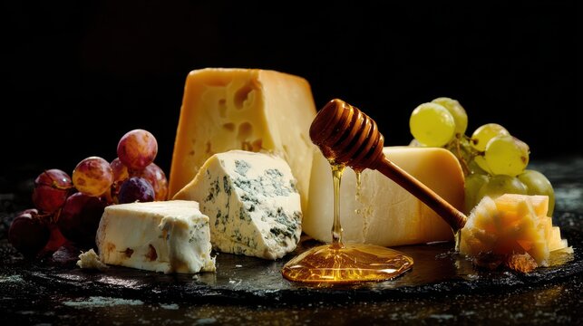various cheeses with grapes and honey on a dark background, with copy space