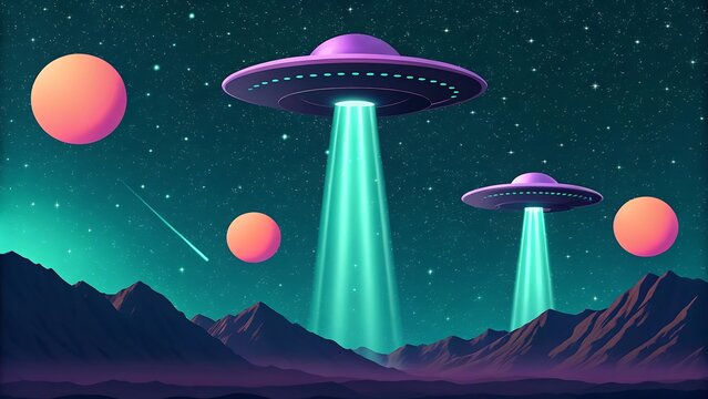 A stunning portrayal of ufos beaming light onto a mountainous landscape, set against a cosmic backdrop of stars and planets in the night