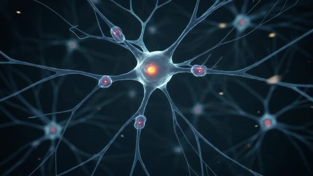 Neural Network Connection - Microscopic view of a glowing neural network, showcasing intricate connections and nodes. The video depicts complex interconnections and pathways of neurons.
