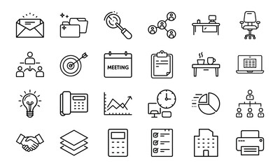 Office and Business Icon Bundle 24 Line Style Work Icons Office Tools, Meeting, Chart, Communication, Desk, Team, Planning Icons 