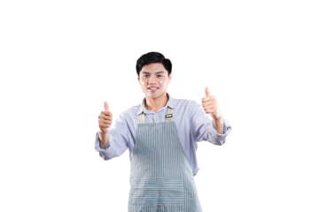 Cheerful Support in Apron: A smiling individual in an apron gives two thumbs up, radiating positivity and offering a symbol of approval and encouragement.