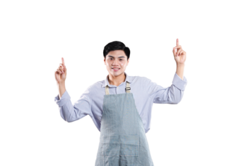 Barista's Upward Gaze: A barista, smartly dressed in an apron, with a warm smile as he points upwards, inviting a moment of aspiration and potential.