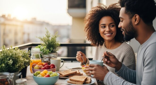 Smiling couple enjoys breakfast on balcony with fruit, toast, and juice at sunrise