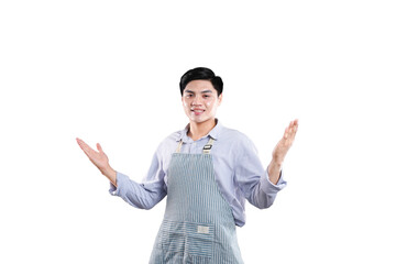 Welcoming with Open Arms: A friendly individual, dressed in a professional apron, extends both arms...