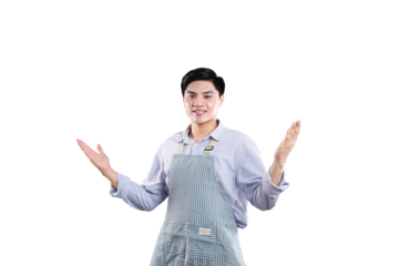 Welcoming with Open Arms: A friendly individual, dressed in a professional apron, extends both arms in a gesture of welcoming, inviting, and embracing.