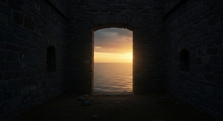 Fototapeta premium Sunset view through ancient stone archway overlooking tranquil ocean.