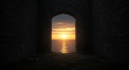 Fototapeta premium A dark stone archway frames a beautiful sunset over the ocean.