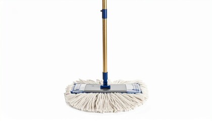 A gold and blue manual mop with a rectangular base and white cleaning pad placed on a plain surface—symbolizing practicality, cleanliness, and everyday household efficiency.