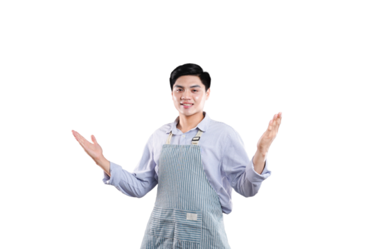 Welcoming with Open Arms: A friendly individual, dressed in a professional apron, extends both arms in a gesture of welcoming, inviting, and embracing.
