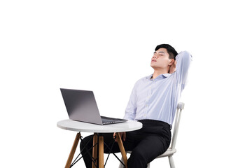 Serene Moment of a Man with Laptop: A man sitting near a laptop with his eyes closed appears to be...