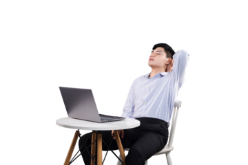 Serene Moment of a Man with Laptop: A man sitting near a laptop with his eyes closed appears to be lost in thought, exuding a sense of relaxation and tranquility.
