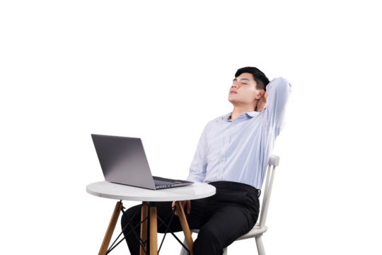 Serene Moment of a Man with Laptop: A man sitting near a laptop with his eyes closed appears to be lost in thought, exuding a sense of relaxation and tranquility.