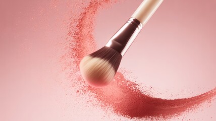 Elegant makeup brush creates soft blush powder cloud on pink background