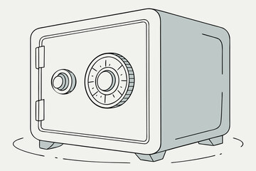 a photo of a stylized, cartoon-like safe in a light blue color, with a large metallic dial and a simple, minimalist design