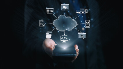 Cloud computing, cloud strategy, and cloud technology transforming digital infrastructure with scalable services, secure data storage, and cloud-based digital business solutions. Elide