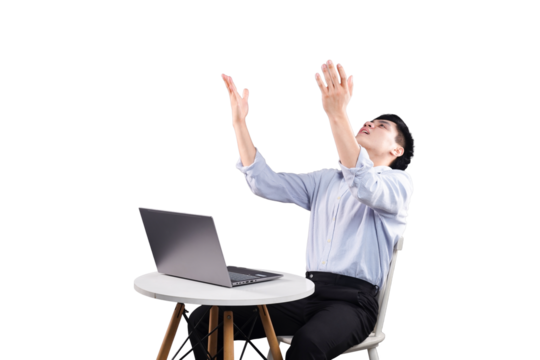 Digital Liberation: A man breaks free from the digital confines, with an open laptop and a gesture of release that speaks volumes about seeking solace and tranquility in the modern world