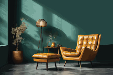 Modern dark green home interior with yellow couch, home decoration vector and illustration