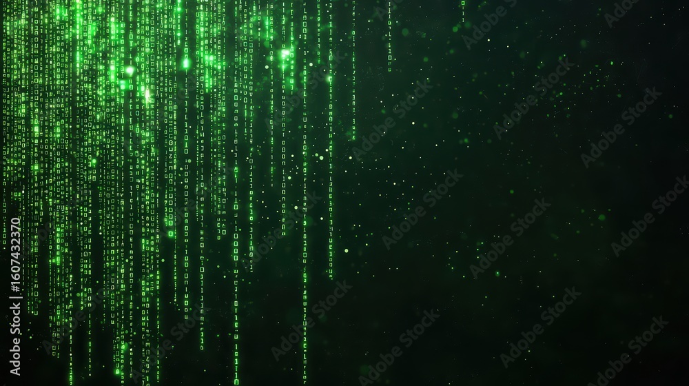 Poster green matrix code with digital data streaming effect