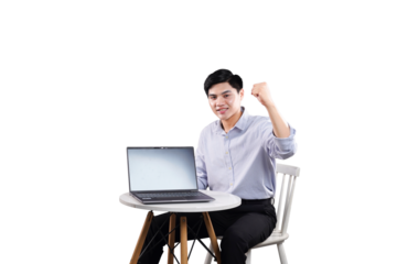 Digital Victory: A modern business professional celebrates a digital success with a victorious fist pump, seated before his laptop. capturing the feeling of triumph and empowerment.