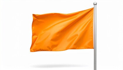 A vivid orange flag fluttering on a sleek metallic pole with a round finial, symbolizing bold identity, vibrant motion, and minimalist statement against a clear background.