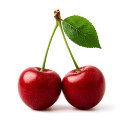 A close-up studio shot showcases two perfectly formed deep red cherries connected by delicate green stems and a fresh leaf