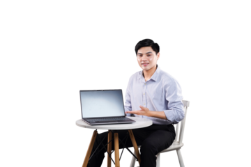 Confident Professional Presenting on a Laptop: A poised and focused young man, seated with a laptop and engaged in a presentation, exuding professionalism and conveying confidence.
