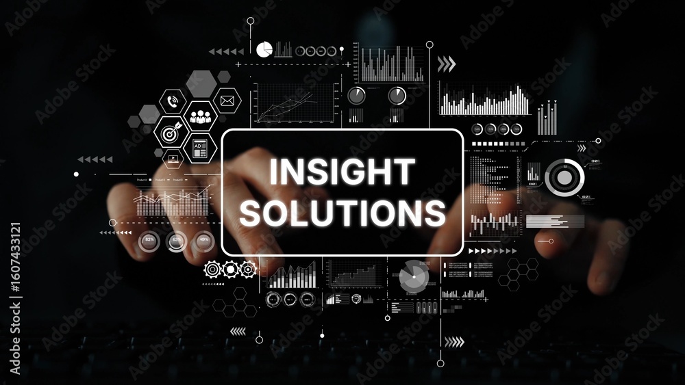 Poster business professional working on computer with data analytics and insight solutions on screen for st