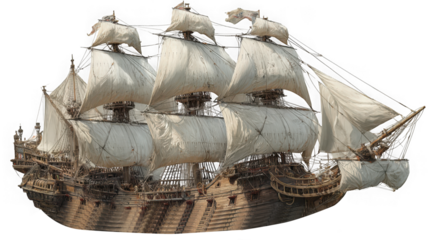 A majestic tall ship with full sails navigating the open sea, isolated on transparent background
