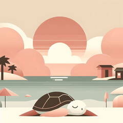 Sea Turtle Resting Peacefully on Minimalist Sunset Beach