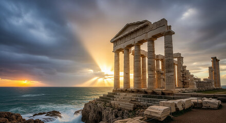 Fototapeta premium Ancient Greek Temple Ruins at Sunset