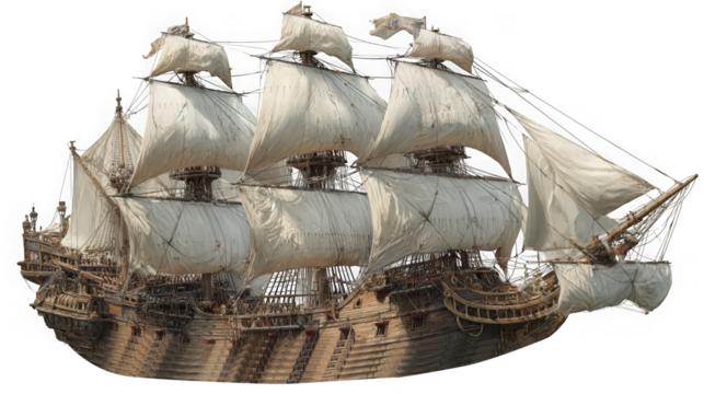 A majestic tall ship with full sails navigating the open sea, isolated on transparent background