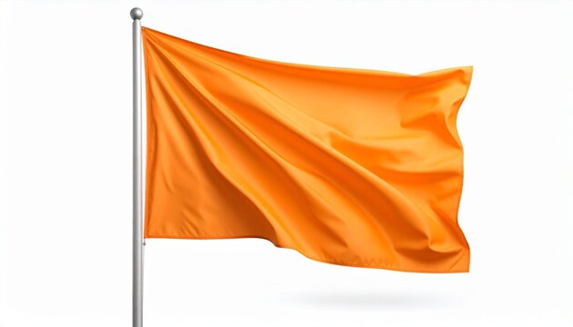 A vivid orange flag fluttering on a sleek metallic pole with a round finial, symbolizing bold identity, vibrant motion, and minimalist statement against a clear background.