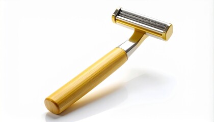 A silver safety razor with a textured yellow handle, resting on a green surface—symbolizing precision, grooming ritual, and classic design blended with modern aesthetics.