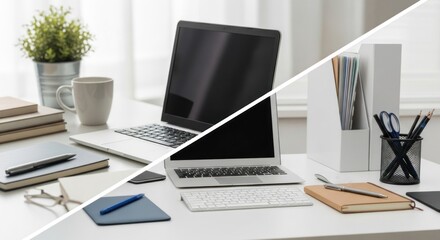Split screen office desk: Laptop, stationery, and plant on a bright white surface
