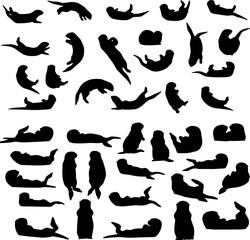 A collection of otter silhouettes in various poses, including swimming, lying down, standing, and playing, displayed against a white background.