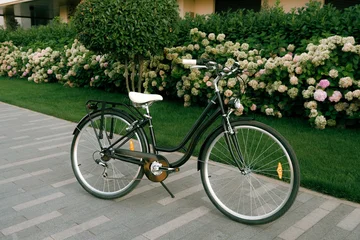 Fototapete Fahrrad Classic city bicycle with white saddle parked on a modern stone path near blooming hydrangeas in a landscaped garden  © Maria Ivanova